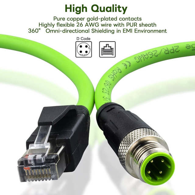 Câble Ethernet M12 4 Broches Vers RJ45 - CAT5E 26AWG, IP67, Blindé, 2m Vert, Pour Automatisation Industrielle