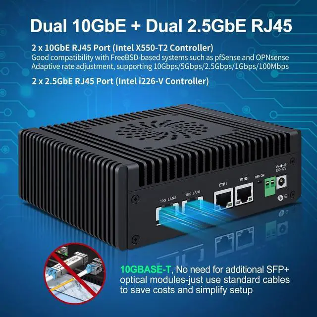 Alt view image 3 of 5 - SJRC Mini PC 2x10 GbE RJ45, Firewall Appliance N150 (Upgraded N100) 8G DDR5 RAM 128G SSD, Dual i226V 2.5 Gbit LAN, S7 Pro OPNsense Micro Computer, 2xNVMe, 2xHD, Type-C, TF