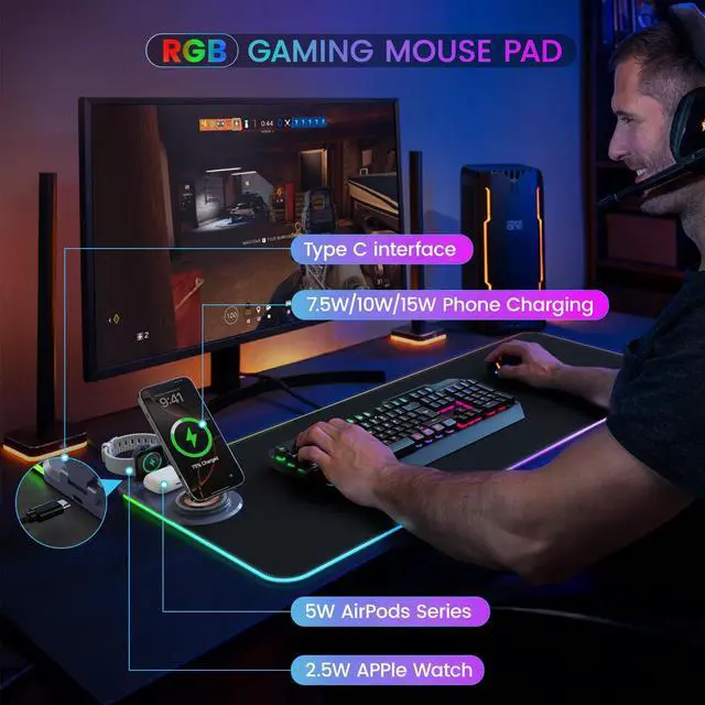 Alt view image 2 of 5 - 15W Wireless Charging Mouse Pad with Phone Holder&20W Power Adapter, RGB Gaming Mouse Pad, 15 Lights Mode 31.5"x15.75" XXL Large Desk Pad,Ultra-Smooth Surface,Non-Slip Rubber Base