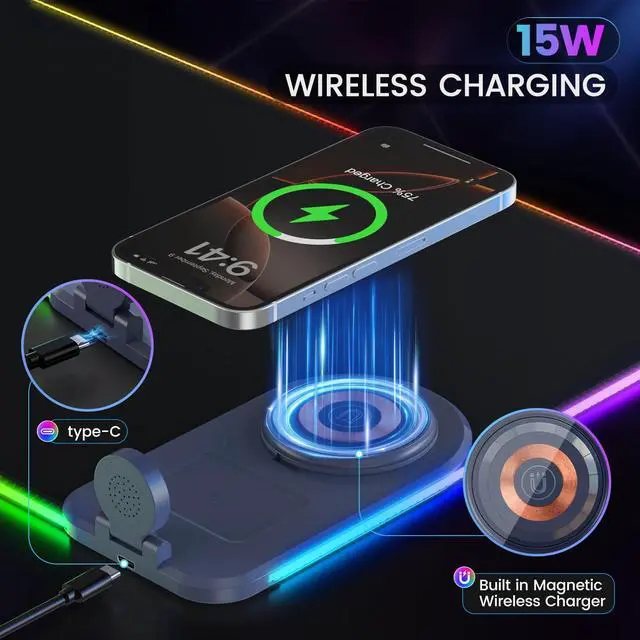 Alt view image 4 of 5 - 15W Wireless Charging Mouse Pad with Phone Holder&20W Power Adapter, RGB Gaming Mouse Pad, 15 Lights Mode 31.5"x15.75" XXL Large Desk Pad,Ultra-Smooth Surface,Non-Slip Rubber Base