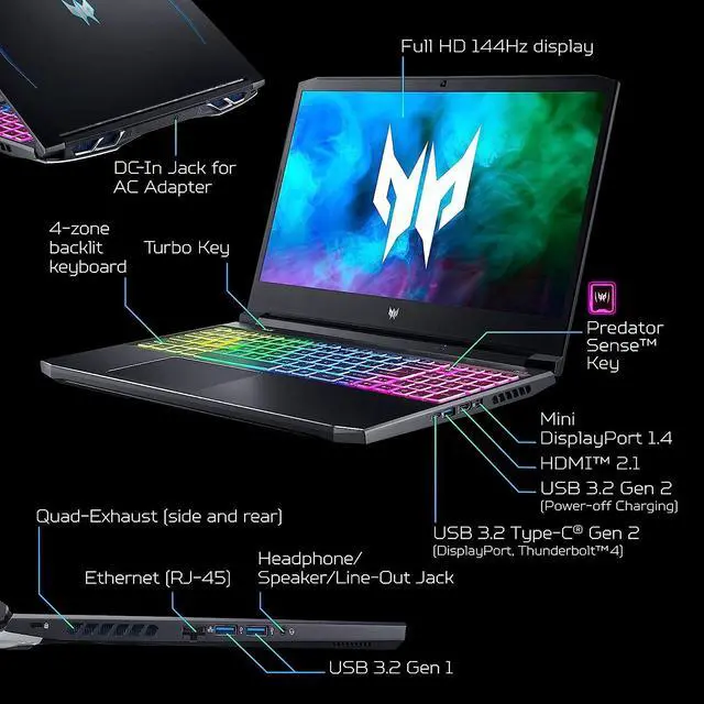 Alt view image 3 of 7 - Acer Predator Helios 300 15 Gaming Laptop, 15.6" Full HD (1920x1080) Display, Intel i7-11800H 8 core processor, NVIDIA GeForce RTX 3060 6GB, 32GB DDR4  2TB PCIe SSD, Bluetooth 5.0, Windows 11 Pro