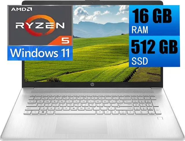 Main image of HP 17 Laptop, 17.3" FHD (1920 x 1080) Display, AMD Ryzen 5 5500U (Beat i5-10500) 6-Core up to 4.0GHz, AMD Radeon Graphics, 16GB DDR4  512GB PCIe SSD, Numeric Keypad, Fingerprint, Windows 11
