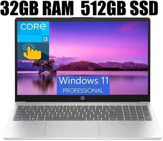 Main image of HP 15 Business Laptop, 15.6" HD (1366 x 768) Touchscreen, Intel Core i3-1215U 6 Cores Processor, Intel UHD Graphics, 32GB DDR4  512GB PCIe SSD, Bluetooth, Wi-Fi, Long Battery Life, Windows 11 Pro
