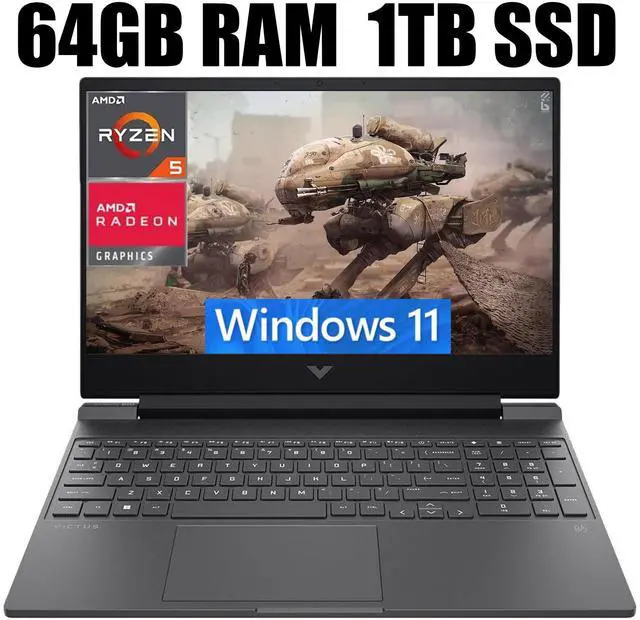 Main image of HP Victus 15 Gaming Laptop, 15.6" FHD (1920 x 1080) 144HZ Display, AMD Ryzen 5 7535HS 6 cores Processor, AMD Radeon RX 6550M 4GB GDDR6, 64GB DDR5  1TB PCIe SSD, Backlit Keyboard, Windows 11