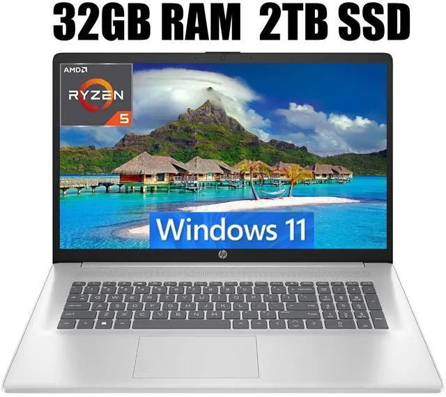 Main image of HP 17 Laptop, 17.3" FHD (1920 x 1080) Display, AMD Ryzen 5 7430U 6 cores Processor, AMD Radeon Graphics, 32GB DDR4  2TB PCIe SSD, HDMI, Wi-Fi 6, Bluetooth, Windows 11