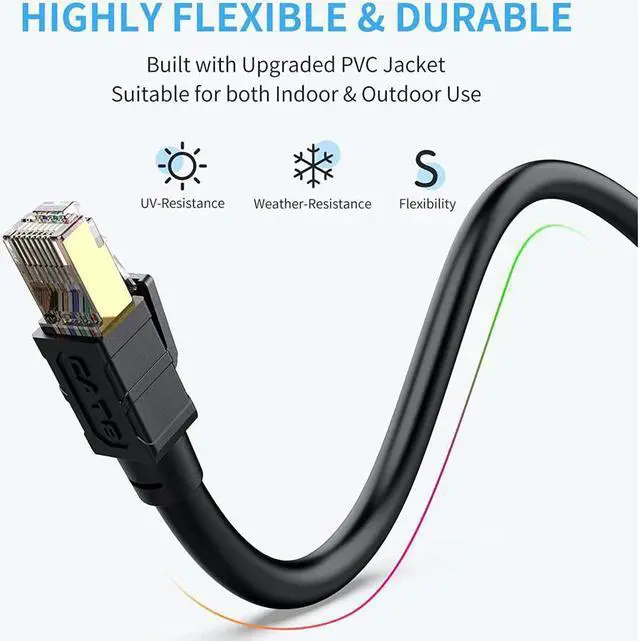 Alt view image 4 of 7 - Cat 8 Outdoor Ethernet Cable 100 ft - Hisetec Long Ethernet Cable Shielded Heavy Duty 26AWG 40Gbps 2000Mhz SFTP Patch Cord High Speed Cat8 LAN Network RJ45 Cable -in Wall -Outdoor- Weatherproof