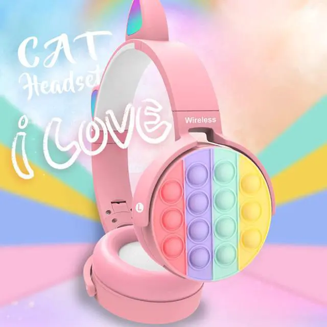 Alt view image 5 of 5 - Fidget Headphones Kids Toy Headset, Bluetooth Wireless Noise Cancelling Over-Ear HeaHeadphone Pop Bubble On-Ear Headphone Fidget Toy Rainbow Color Fidget Headset for Children Adults(Pink-Cat)