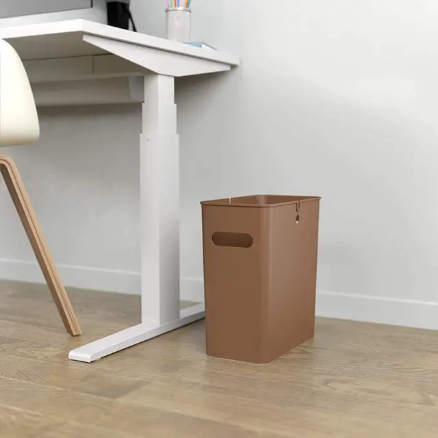 Alt view image 3 of 6 - iTouchless SlimGiant 4.2 Gallon Slim Trash Can with Handles, 16 Liter Plastic Small Wastebasket Hanging Garbage Bin, Magazine/ File Folder Storage Container for Home, Office, Bathroom, Kitchen, Brown