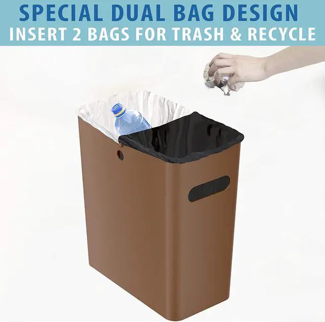 Alt view image 4 of 6 - iTouchless SlimGiant 4.2 Gallon Slim Trash Can with Handles, 16 Liter Plastic Small Wastebasket Hanging Garbage Bin, Magazine/ File Folder Storage Container for Home, Office, Bathroom, Kitchen, Brown