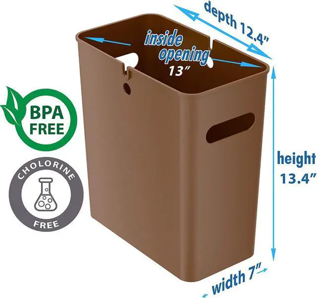 Alt view image 6 of 6 - iTouchless SlimGiant 4.2 Gallon Slim Trash Can with Handles, 16 Liter Plastic Small Wastebasket Hanging Garbage Bin, Magazine/ File Folder Storage Container for Home, Office, Bathroom, Kitchen, Brown