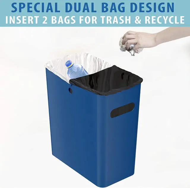 Alt view image 4 of 6 - iTouchless SlimGiant 4.2 Gallon Slim Trash Can with Handles, 2-Pack 16 Liter Plastic Small Wastebasket Hanging Garbage Bin, Magazine/File Folder Storage Container, Home Office Bathroom Kitchen, Blue
