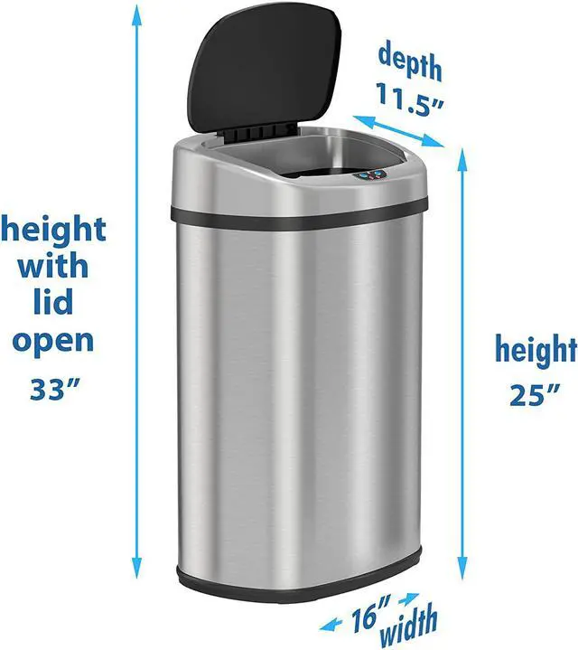 Alt view image 6 of 7 - iTouchless 13 Gallon SensorCan KitchenTrash Can with Odor Filter, Stainless Steel, Oval Shape, Sensor-Activated Lid Garbage Bin for Home, Office, Slim Space-Saving, Battery & AC Adapter not included