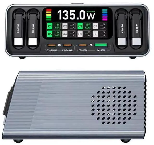 Alt view image 2 of 5 - 8 Ports USB C GaN Charger 120W Desktop Wireless Charging Station USB Type C PD QC3.0 Digital Display Fast Charge for Laptop Tablet Phone