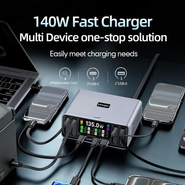 Alt view image 3 of 5 - 8 Ports USB C GaN Charger 120W Desktop Wireless Charging Station USB Type C PD QC3.0 Digital Display Fast Charge for Laptop Tablet Phone
