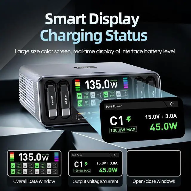 Alt view image 4 of 5 - 8 Ports USB C GaN Charger 120W Desktop Wireless Charging Station USB Type C PD QC3.0 Digital Display Fast Charge for Laptop Tablet Phone