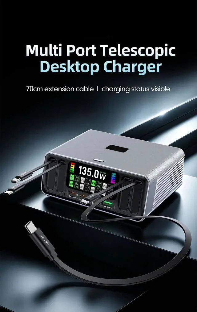 Alt view image 5 of 5 - 8 Ports USB C GaN Charger 120W Desktop Wireless Charging Station USB Type C PD QC3.0 Digital Display Fast Charge for Laptop Tablet Phone