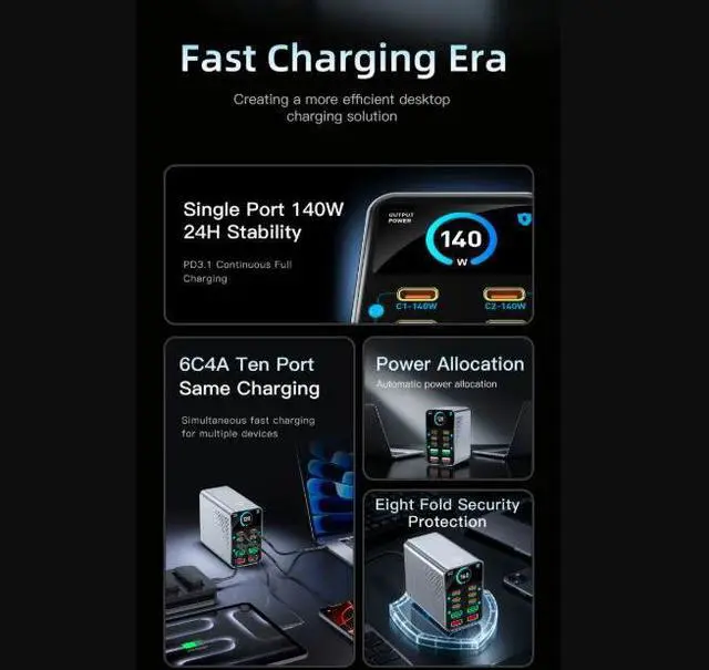 Alt view image 4 of 5 - 140W GaN Charger Digital Display Fast Charging Station 10 IN 1 PD+QC Multi-port Charger USB Type C For Laptop Smartphone Table
