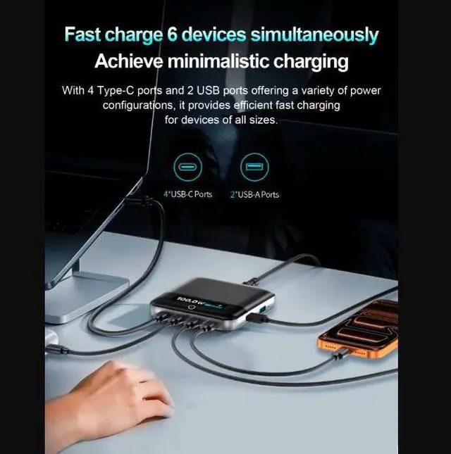 Alt view image 5 of 5 - 6-Ports GaN Desktop Charging Station 100W PD PPS Digital Display USB Type C Fast Charging for Laptop Smartphone Tablet
