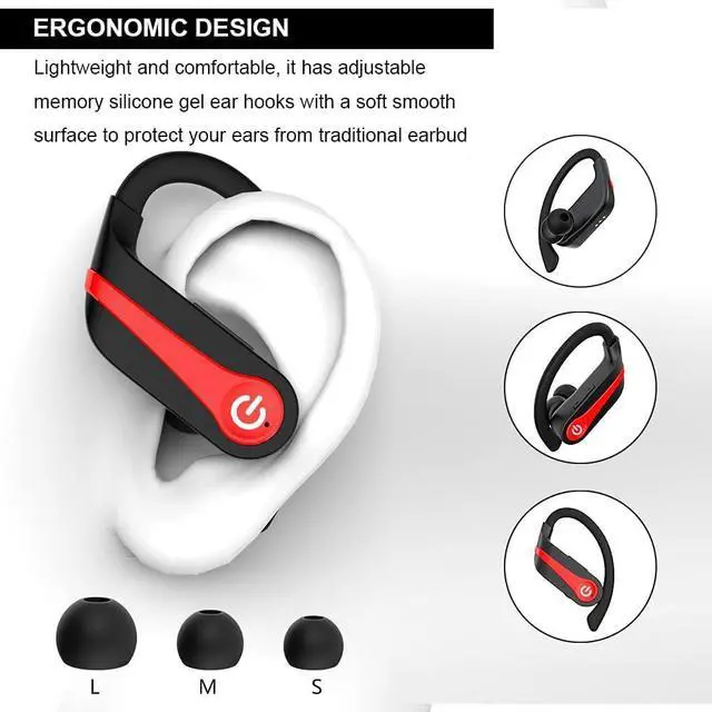 Alt view image 3 of 9 - SURF CUZ Wireless Earbud, Bluetooth 5.1 Sport Headphones, 10Hours Single Playtime Earhooks Headset, Wireless Earphone 6D Stereo HiFi Sound Noise Cancelling for Working/Travel/Gym, Black Red