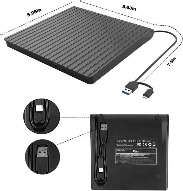 Alt view image 3 of 7 - External CD/DVD Drive for Laptop USB-C & USB 3.0 CD/DVD ROM Drive Reader Writer Burner Compatible with Laptop PC MacBookMac Windows 11/10/8/7 Linux OS Apple