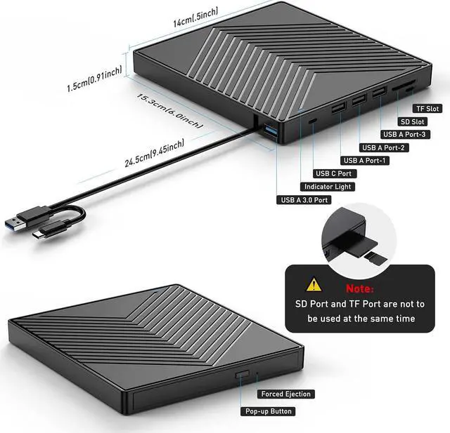 Alt view image 6 of 7 - SURF CUZ  External CD DVD Drive, Ultra Slim CD Burner USB 3.0 with 4 USB Ports and 2 TF/SD Card Slots, Optical Disk Drive for Laptop Mac, PC Windows 11/10/8/7 Linux OS