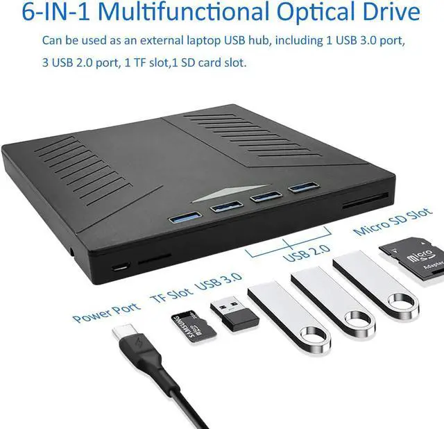 Alt view image 2 of 8 - External CD DVD Drive, USB 3.0 Type-C CD DVD +/-RW Optical Drive, Ultra-Slim Drive with 4 USB Ports and 2 SD Card Slots, Compatible with Laptop PC Linux Windows Mac OS