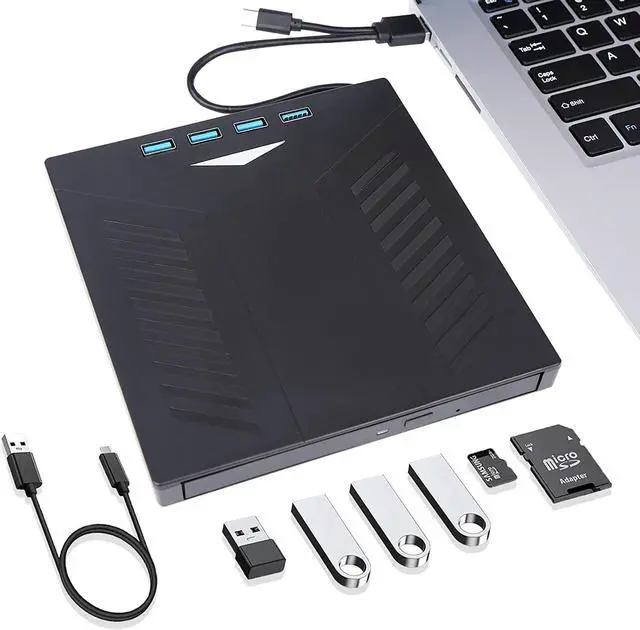 Main image of External CD DVD Drive, USB 3.0 Type-C CD DVD +/-RW Optical Drive, Ultra-Slim Drive with 4 USB Ports and 2 SD Card Slots, Compatible with Laptop PC Linux Windows Mac OS