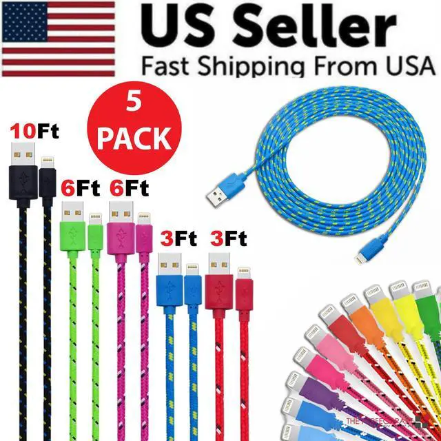Alt view image 2 of 7 - Charging Data Cable 5 Pack 3/6/10ft Charger Nylon Braided For Apple iPhone iPad