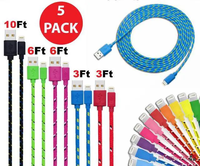 Alt view image 6 of 7 - Charging Data Cable 5 Pack 3/6/10ft Charger Nylon Braided For Apple iPhone iPad