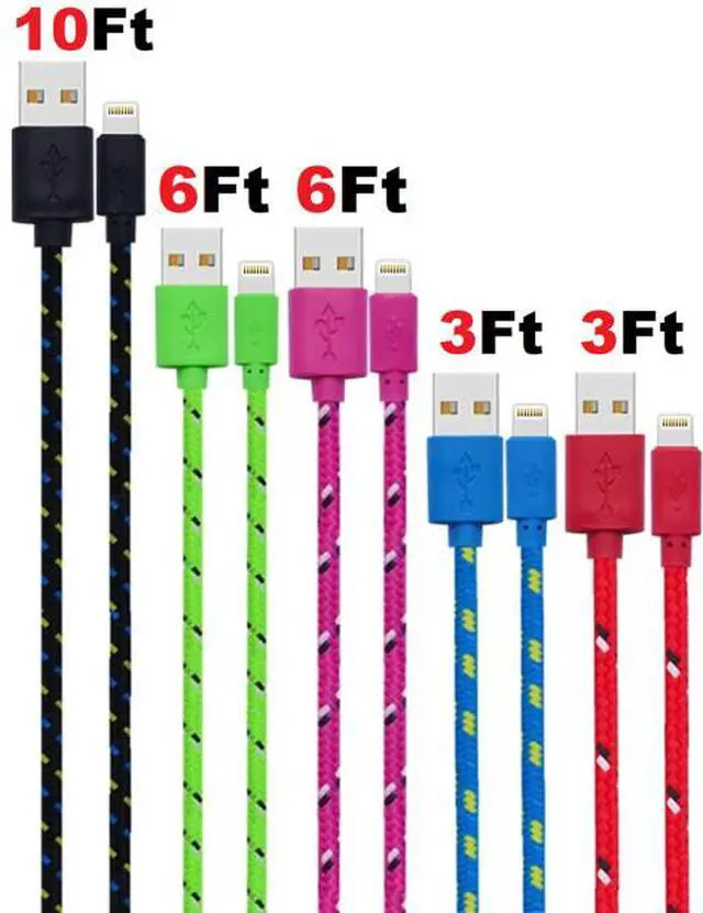 Alt view image 7 of 7 - Charging Data Cable 5 Pack 3/6/10ft Charger Nylon Braided For Apple iPhone iPad