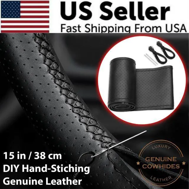 Alt view image 2 of 7 - Genuine Leather DIY Car Steering Wheel Cover Anti-slip For 15"/38 cm Black US