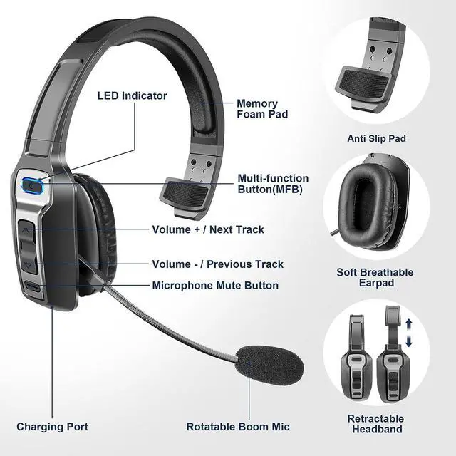 Alt view image 4 of 6 - Trucker Bluetooth 5.2 Wireless Headset With Noise Cancelling Mic For Phones PC