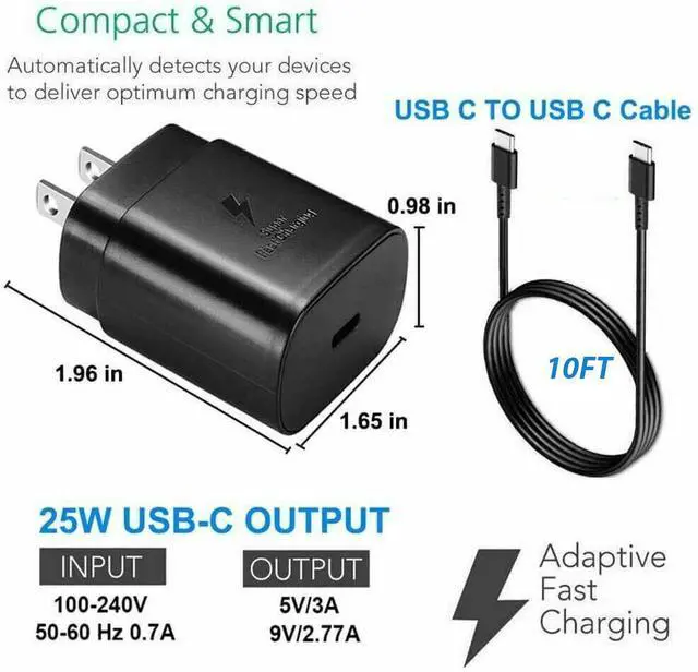Alt view image 3 of 7 - 25W USB-C Super Fast Wall Charger 10FT Cable For Samsung Galaxy S25 S24 S23 S22