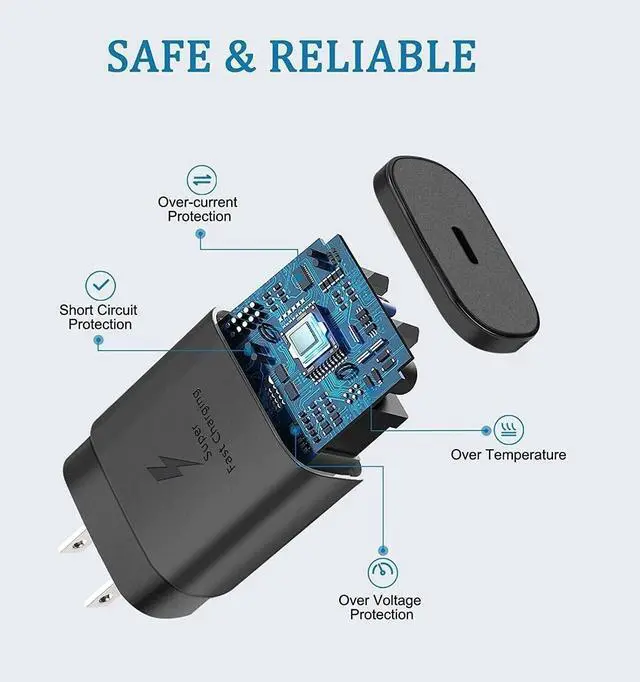 Alt view image 5 of 7 - 25W USB-C Super Fast Wall Charger 10FT Cable For Samsung Galaxy S25 S24 S23 S22