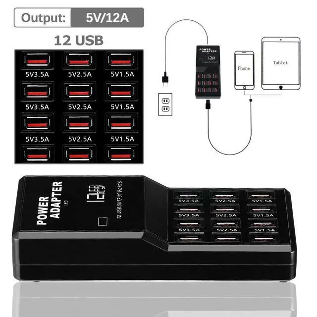 Alt view image 3 of 7 - Multi 12 Port USB Charging Station Hub Desktop Wall Cell Phone Charger Organizer