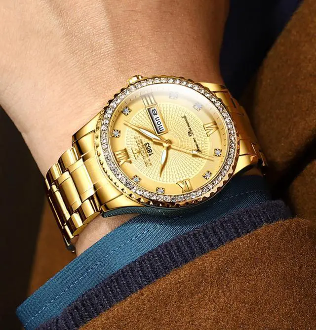 Alt view image 6 of 7 - Waterproof Gold Men's Watch Classic Stainless Steel Quartz Analog Business Gift