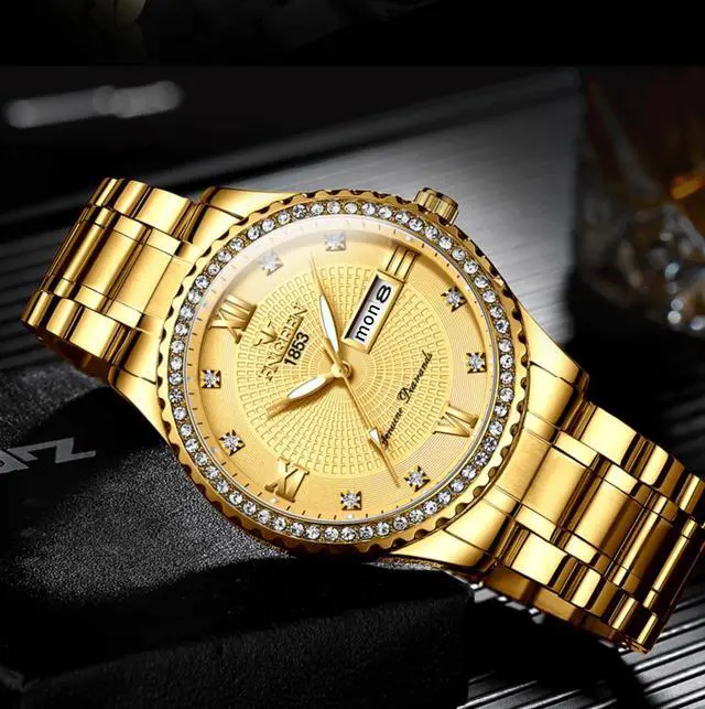 Alt view image 7 of 7 - Waterproof Gold Men's Watch Classic Stainless Steel Quartz Analog Business Gift
