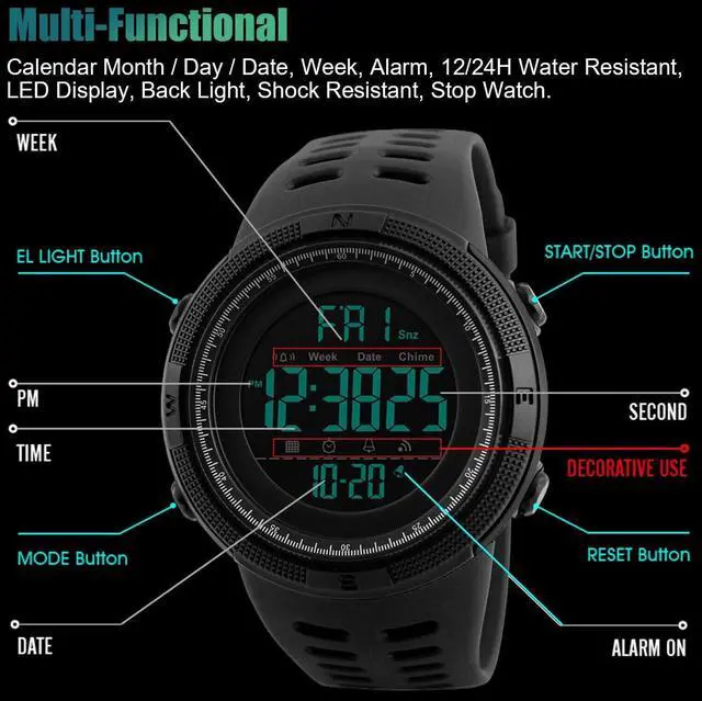 Alt view image 3 of 7 - SKMEI Men's Digital Army Military Sport Quartz Analog Chrono Waterproof Watch US