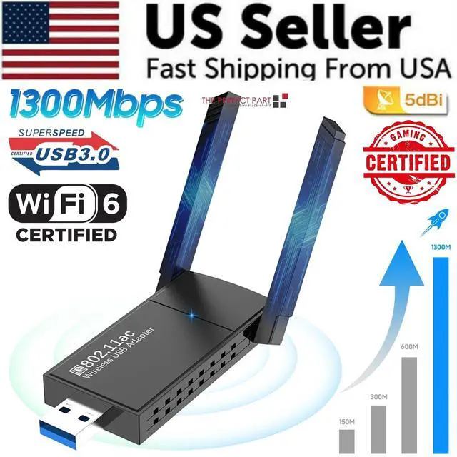 Alt view image 2 of 7 - USB 3.0 Wireless WIFI Adapter 1300Mbps Long Range Dongle Dual Band 5Ghz Network
