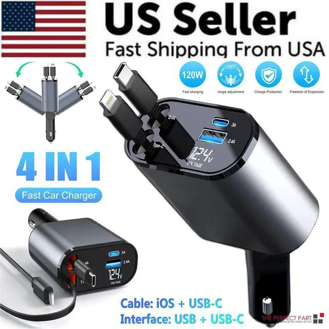 Alt view image 2 of 7 - Retractable Car Charger 4 in 1 Fast Car Phone Charger 120W With USB Type C Cable
