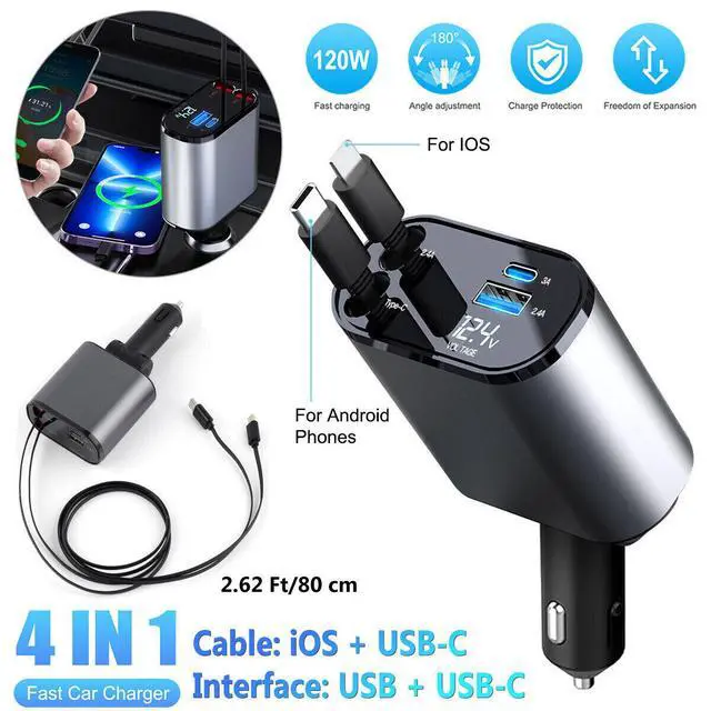 Alt view image 3 of 7 - Retractable Car Charger 4 in 1 Fast Car Phone Charger 120W With USB Type C Cable
