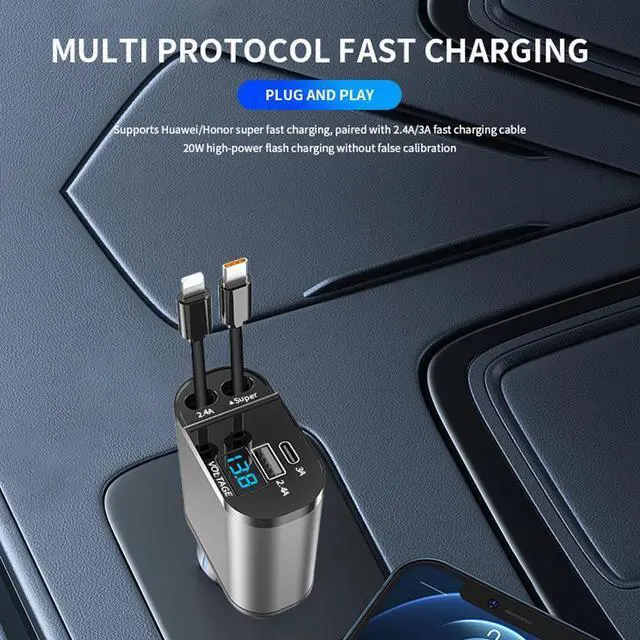 Alt view image 5 of 7 - Retractable Car Charger 4 in 1 Fast Car Phone Charger 120W With USB Type C Cable