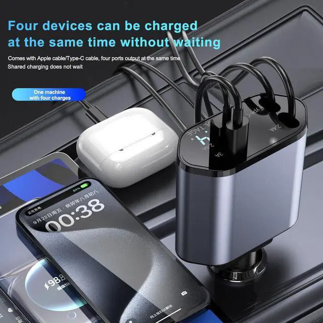 Alt view image 7 of 7 - Retractable Car Charger 4 in 1 Fast Car Phone Charger 120W With USB Type C Cable