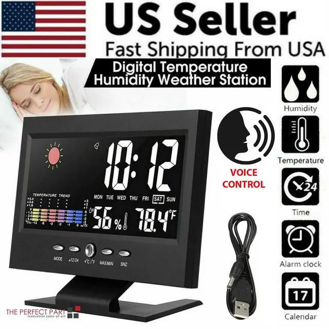 Alt view image 2 of 7 - LED Digital Alarm Clock Snooze Calendar Thermometer Hygrometer Weather Display