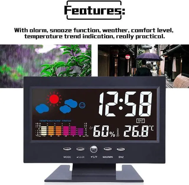 Alt view image 3 of 7 - LED Digital Alarm Clock Snooze Calendar Thermometer Hygrometer Weather Display