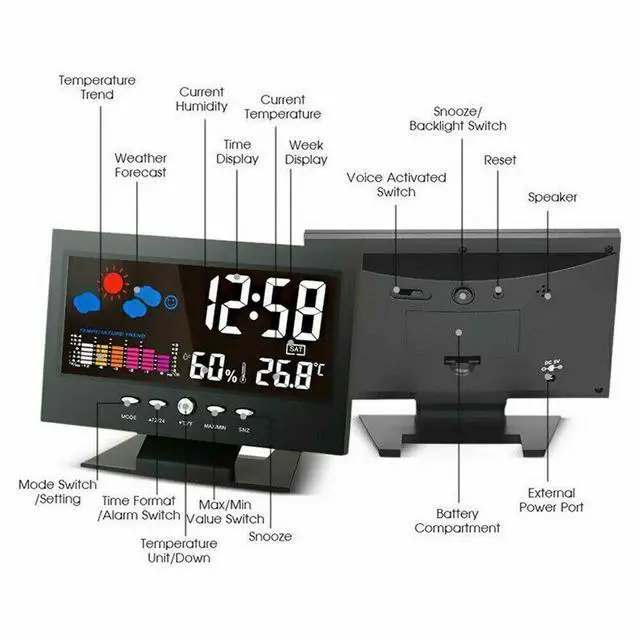 Alt view image 4 of 7 - LED Digital Alarm Clock Snooze Calendar Thermometer Hygrometer Weather Display