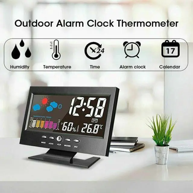 Alt view image 6 of 7 - LED Digital Alarm Clock Snooze Calendar Thermometer Hygrometer Weather Display
