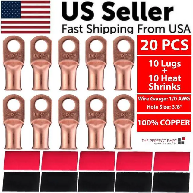 Alt view image 2 of 7 - 20PCS 1/0 AWG Gauge Copper Lugs W/ BLACK & RED Heat Shrink Ring Terminals Wire