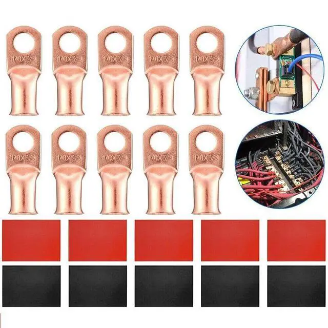 Alt view image 7 of 7 - 20PCS 1/0 AWG Gauge Copper Lugs W/ BLACK & RED Heat Shrink Ring Terminals Wire