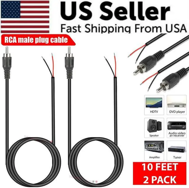 Alt view image 2 of 7 - 2-Pack 10 FT RCA Male Plug to Bare Wire Audio Speaker Subwoofer HDTV Cable Cord
